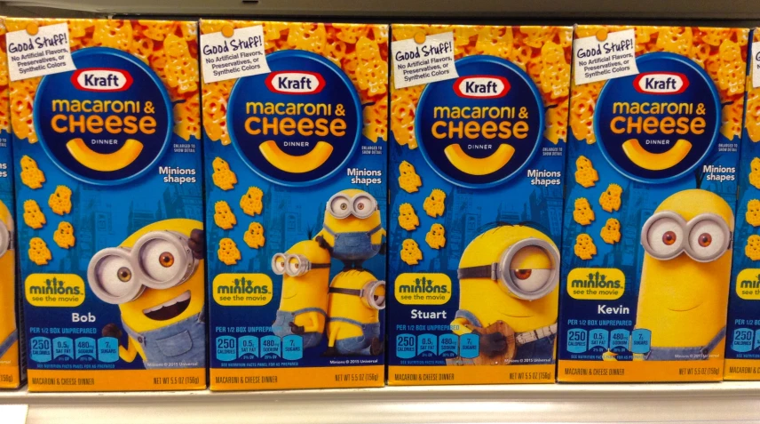 three packages of macaroni and cheese with characters