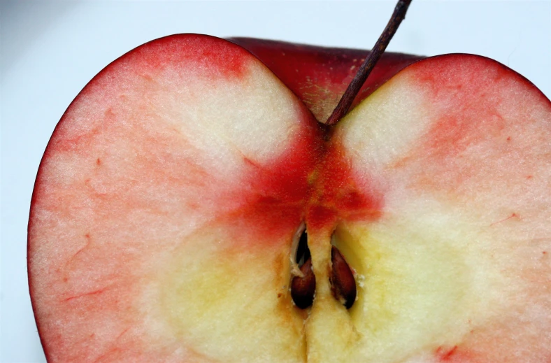 a slice of an apple is showing it has red marks on the apple