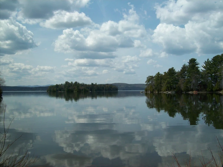 an empty body of water with lots of trees and sky in the background