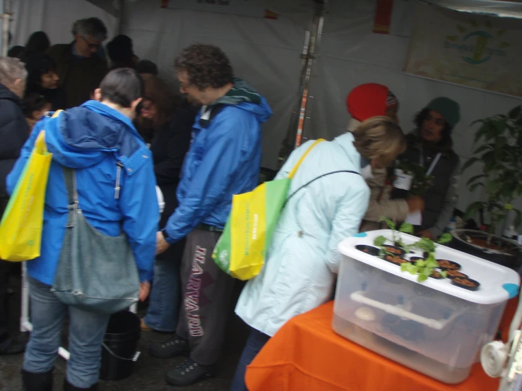 people looking at various vegetables in containers inside a tent