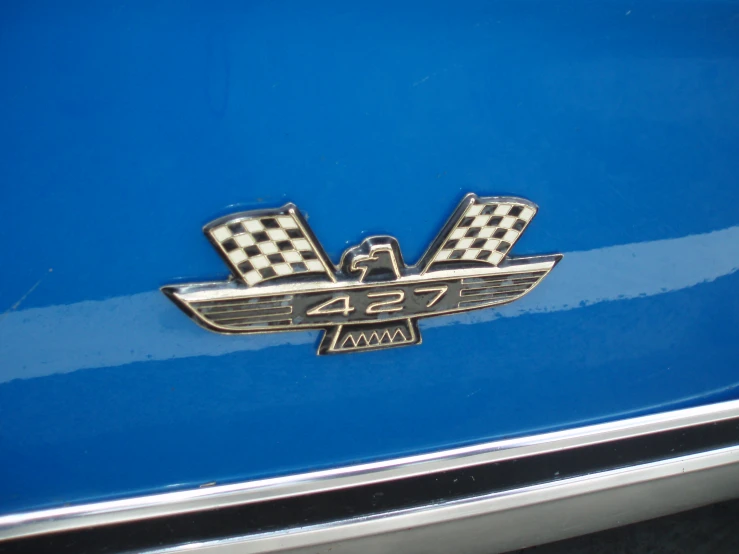 an emblem on the front of a blue car