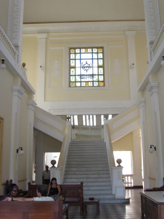 there is a large staircase inside of the building