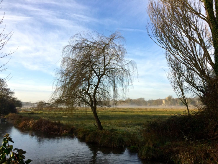 a stream running through the middle of a green field