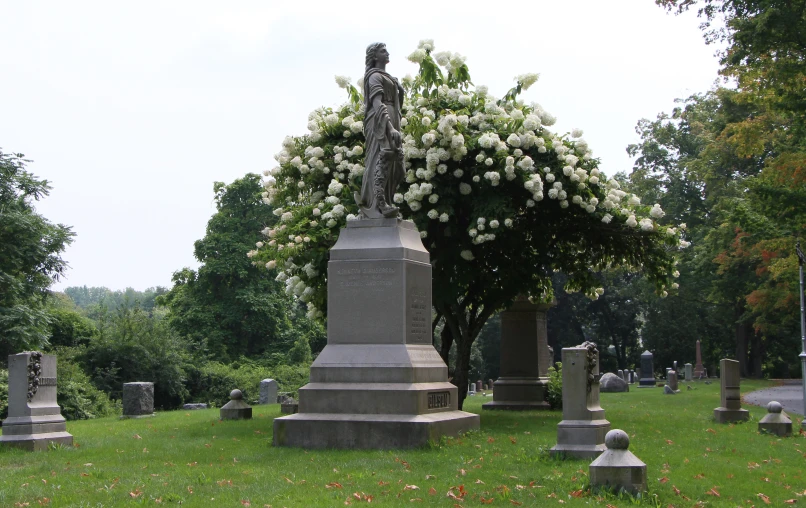 a statue stands next to the headstones of several headstones