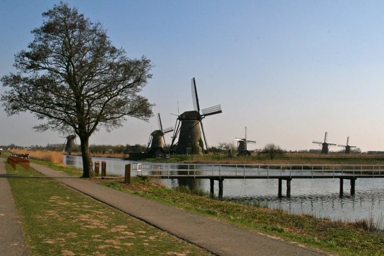several windmills on the bank of the water