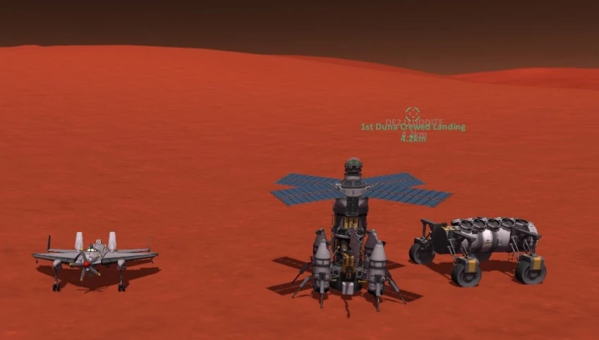 an animation of a red - dirt land with a plane and airplane