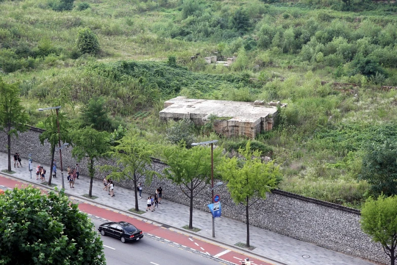 people walking near the trees while one passes by an abandoned building