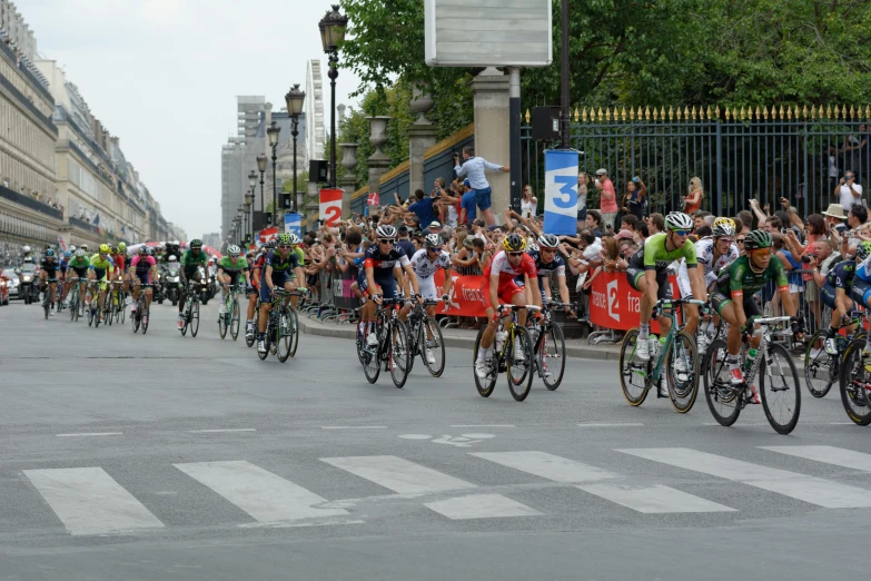 a large group of bicyclists racing on the street