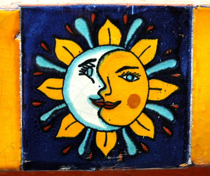 an image of a painting of a smiling sun and the moon