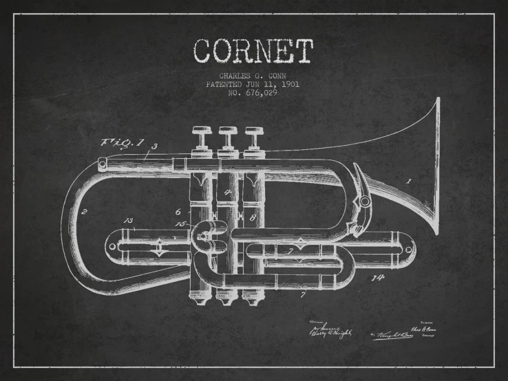 an antique trumpet from 1897 on chalk paper