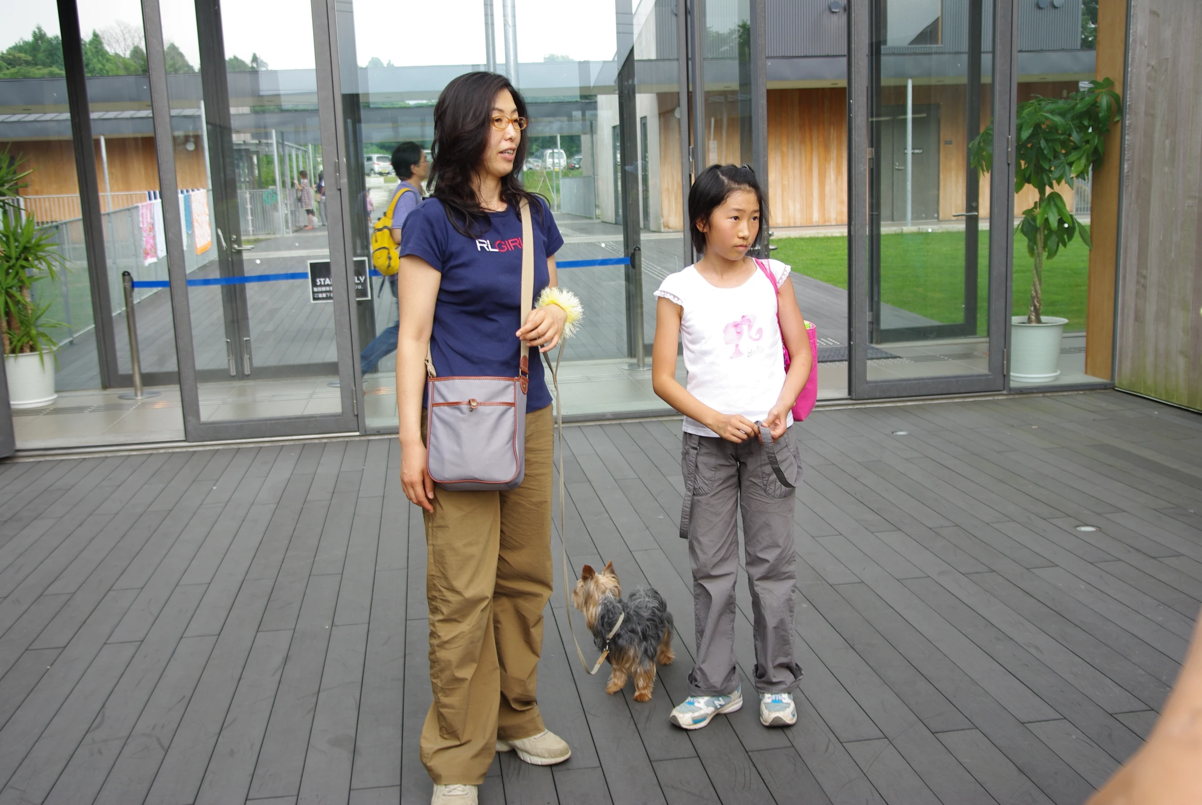 a woman and  with dogs on a deck