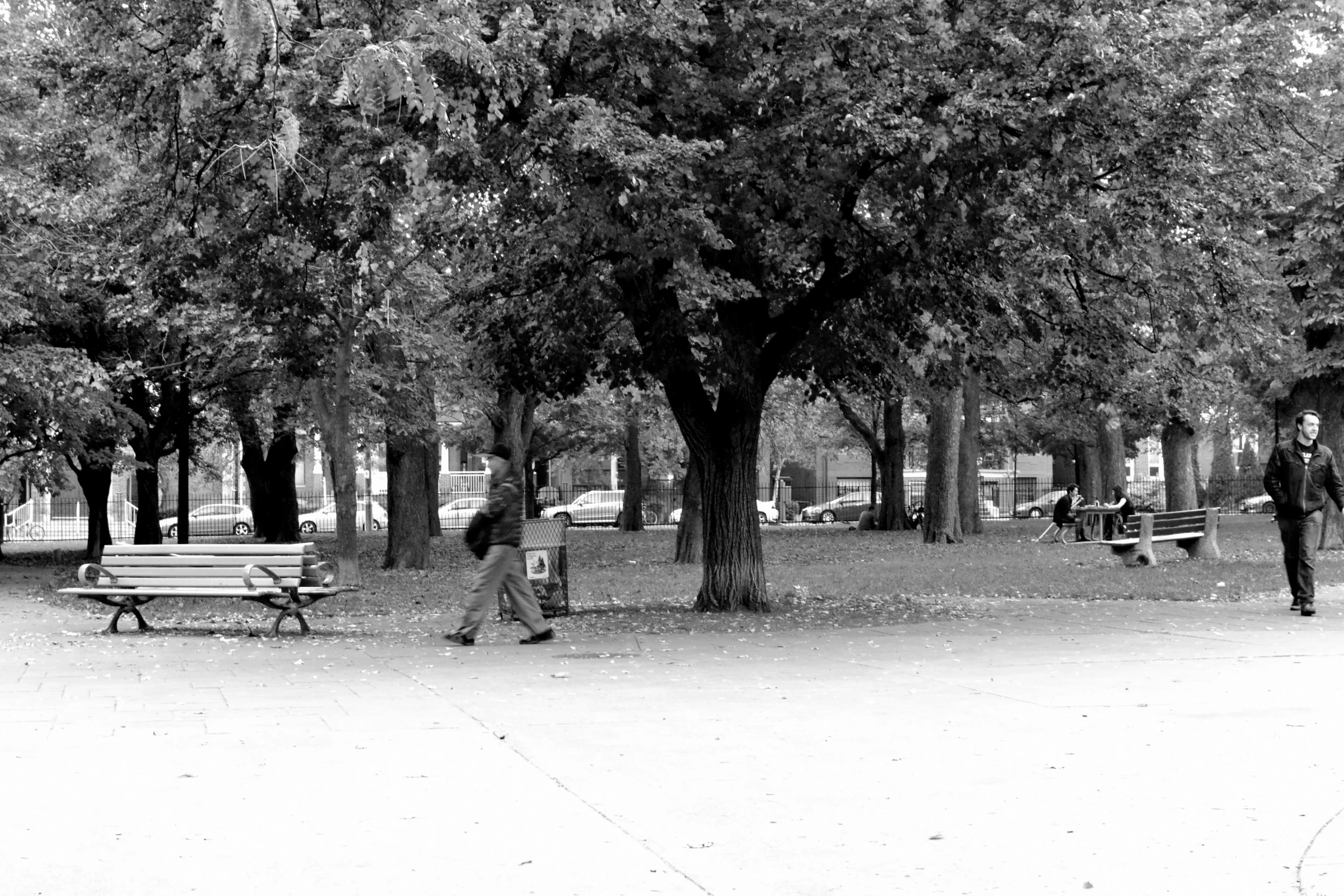 two people sitting on a bench in a park