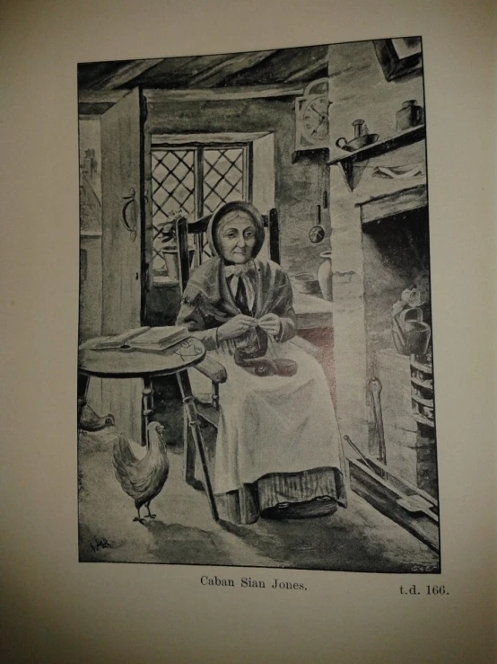 a drawing of an old lady sits at a table
