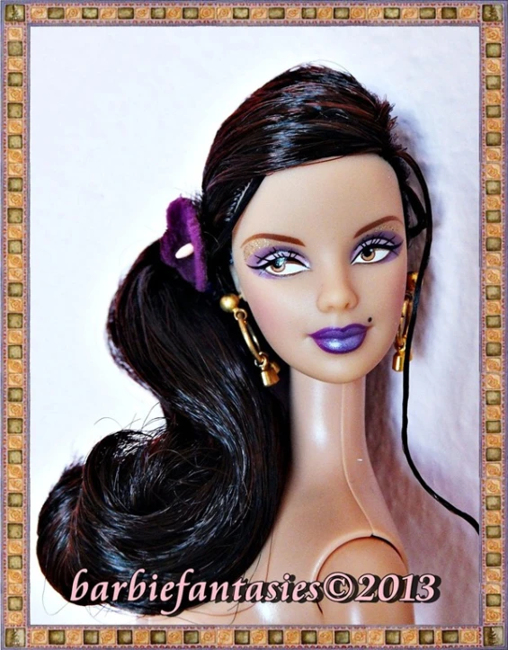 a close up of a barbie doll with a purple dress