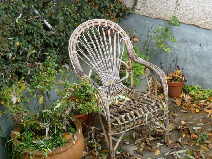 a white wicker chair sitting in the grass