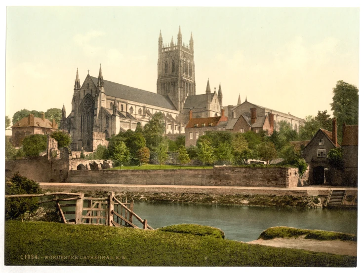 an old picture of a large church with many steeples