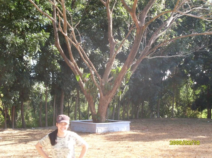 a person stands in front of a tree and some plants