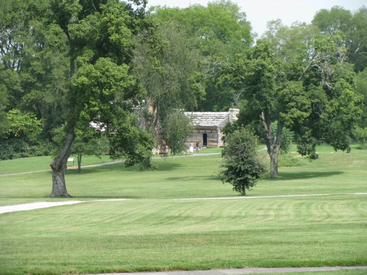 a house in a field with trees lining it