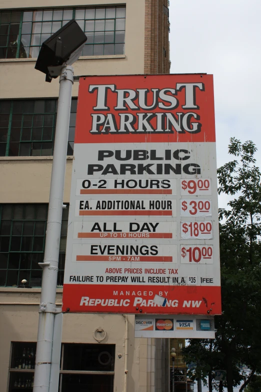 large white and red parking sign on street