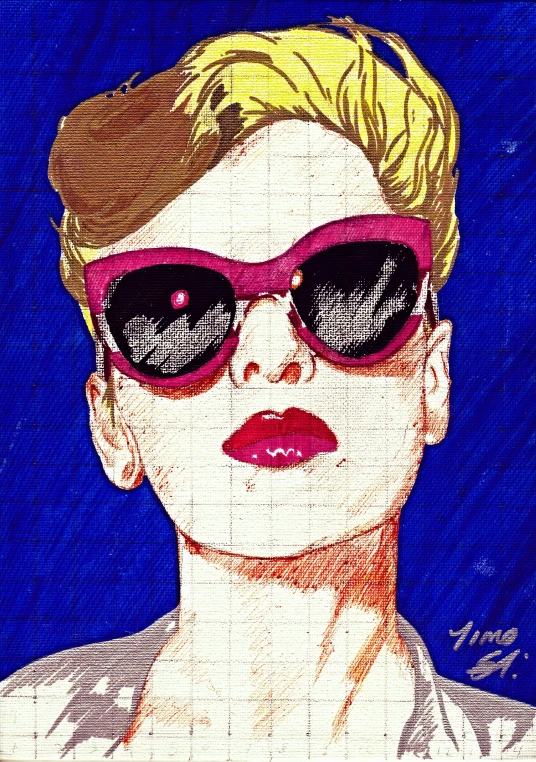 a woman with pink sunglasses and blond hair