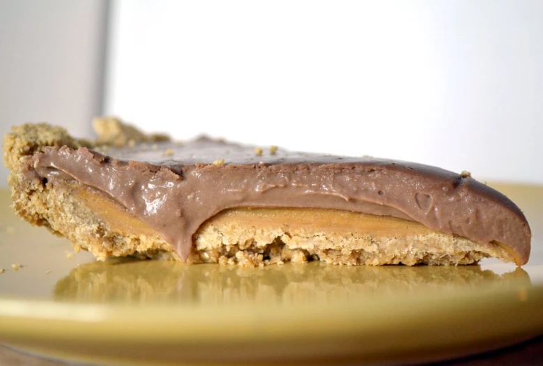 chocolate frosted sandwich on yellow plate with white background