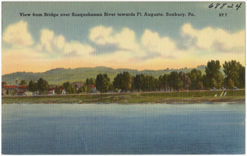 an old postcard features a large lake in the foreground