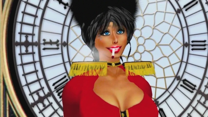 an animated woman with short black hair is standing in front of a clock