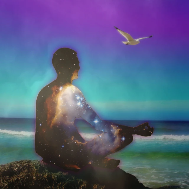 an abstract painting of a man in meditation poses at the beach with a seagull hovering over the horizon