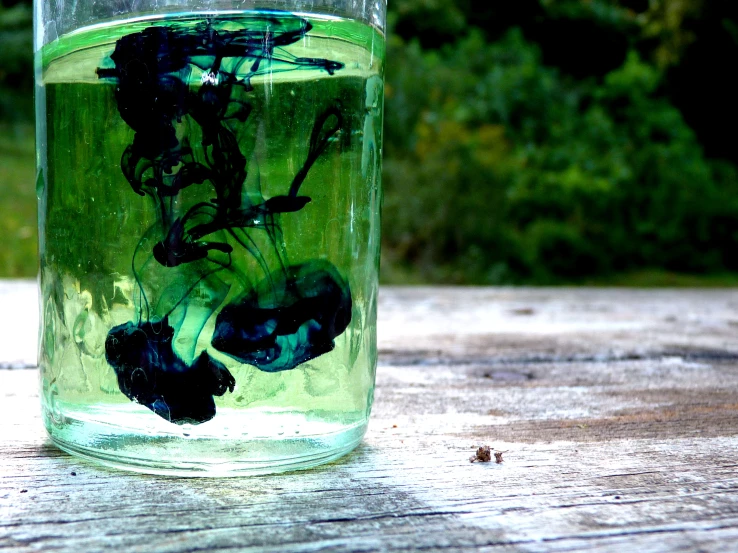 a mason jar with flowers inside on a wooden table