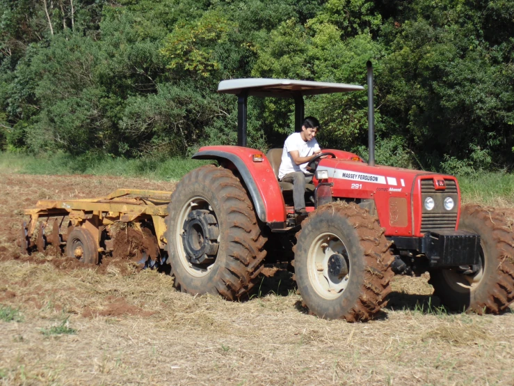 an asian farmer is driving his tractor and plowing the land