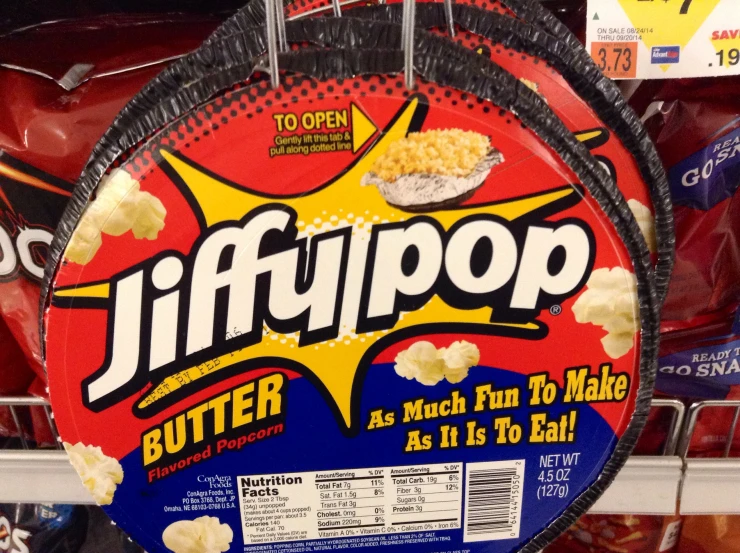 a round tray with a pop logo for jiffpop