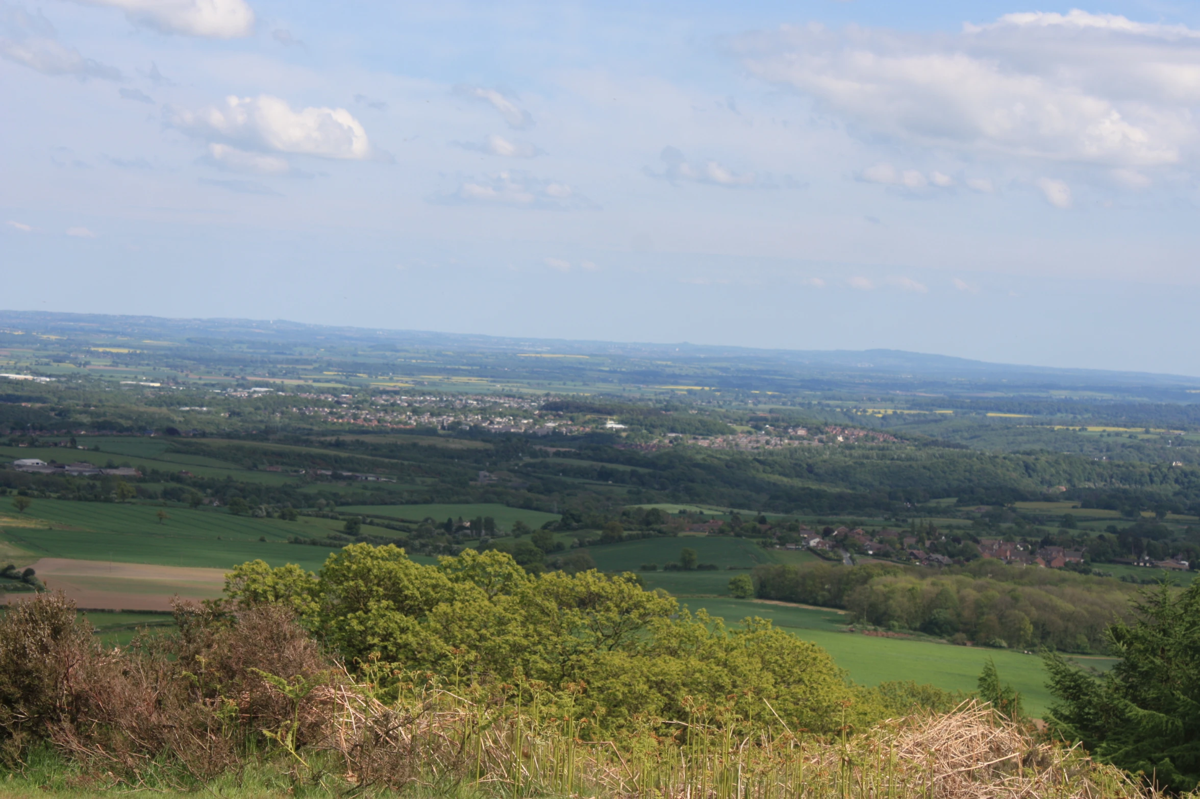 the countryside is in the distance, as viewed from a hilltop