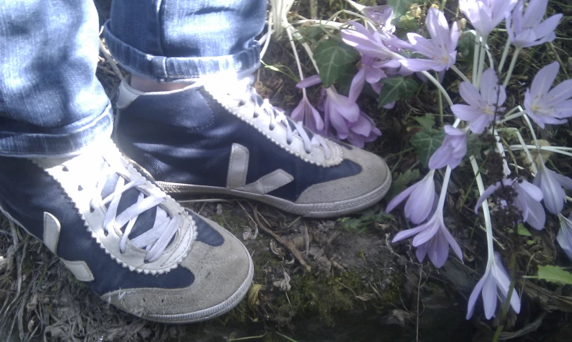 a person in sneakers stands by flowers and stems