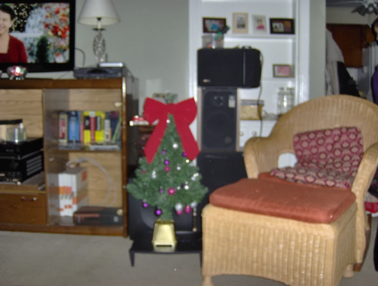 a living room with a christmas tree and couch