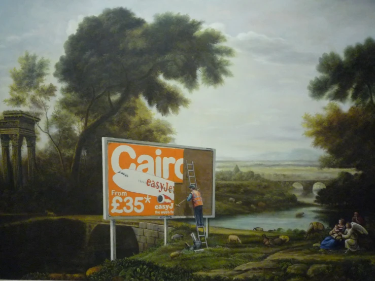 a painting with people outside the sign that says cabin