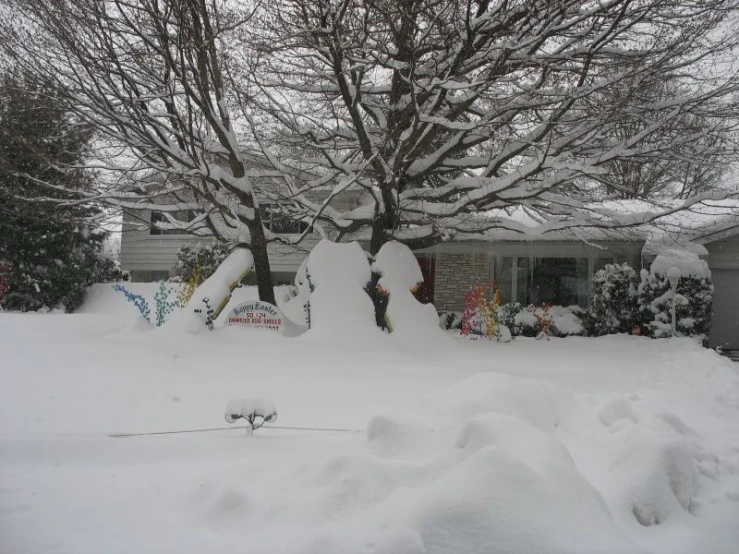 the snow piled up in front of a house in winter