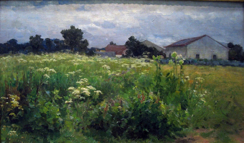 painting of a field full of flowers with trees in the background