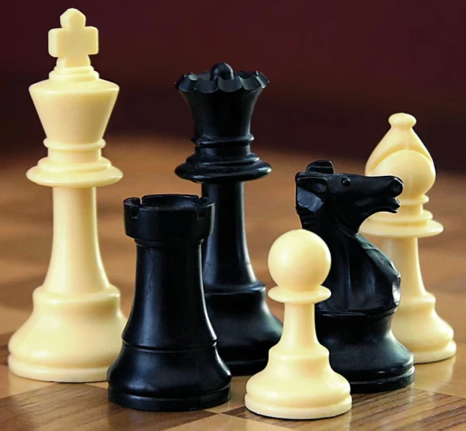a black and white chess piece on a wooden floor