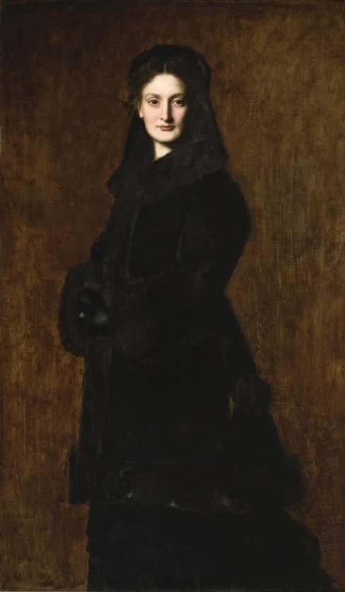 an oil painting of a woman in black
