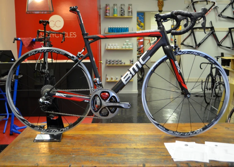 a bicycle on display in a bicycle shop