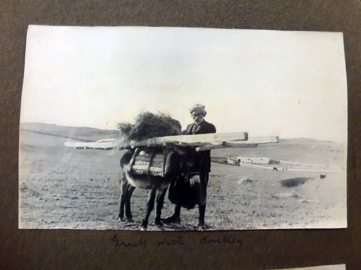 two people standing in the middle of a field with their horse