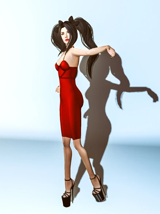 a woman in a red dress with her shadow on the wall