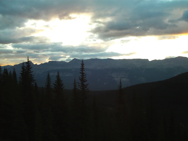 a mountain scene with some trees in the foreground