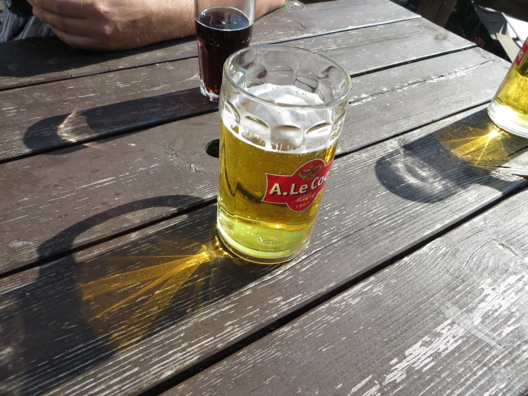 a close up of two beer glasses on a wooden table