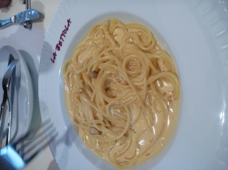 there is a plate with pasta and silverware on it