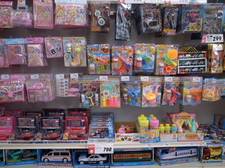 there is an assortment of toys on display