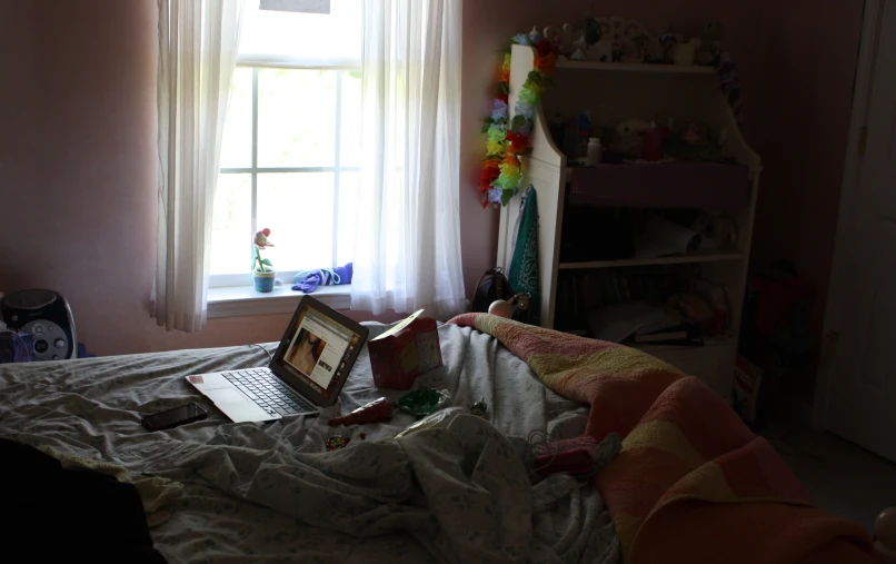 a laptop computer sitting on top of a bed