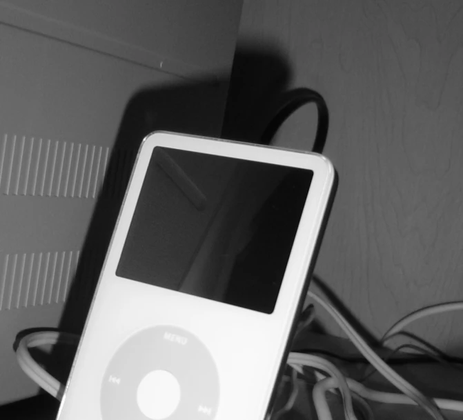an mp3 player with a black and white image