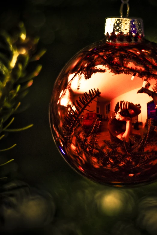 a small christmas ornament hanging from a tree