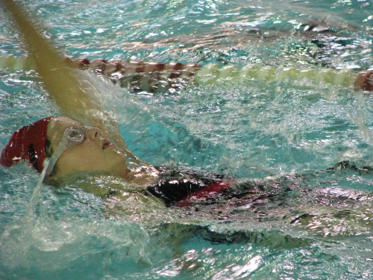 two swimmers in the water with their heads above the surface